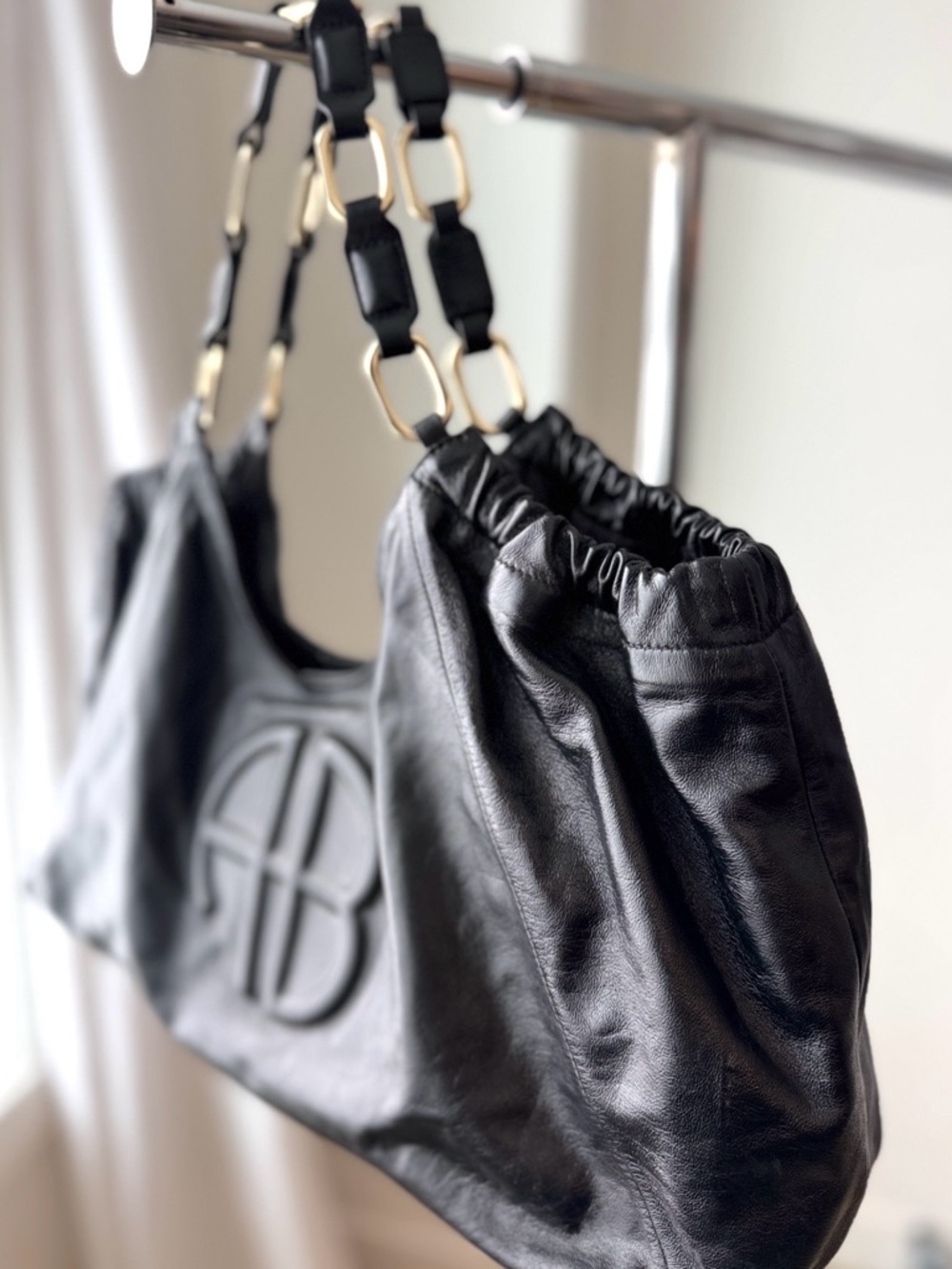Anine Bing Black Leather Shoulder Bag with Gold-Link Strap